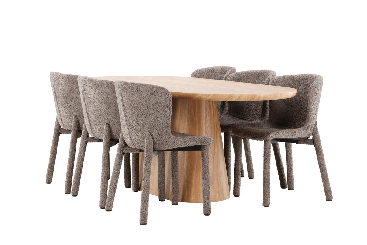 Ovaler Esstisch 200x90 cm aus MDF in Naturfarbe mit zwei gepolsterten Esszimmerstühlen in Braun, Bouclé-Bezug, Esszimmerset von Venture Home