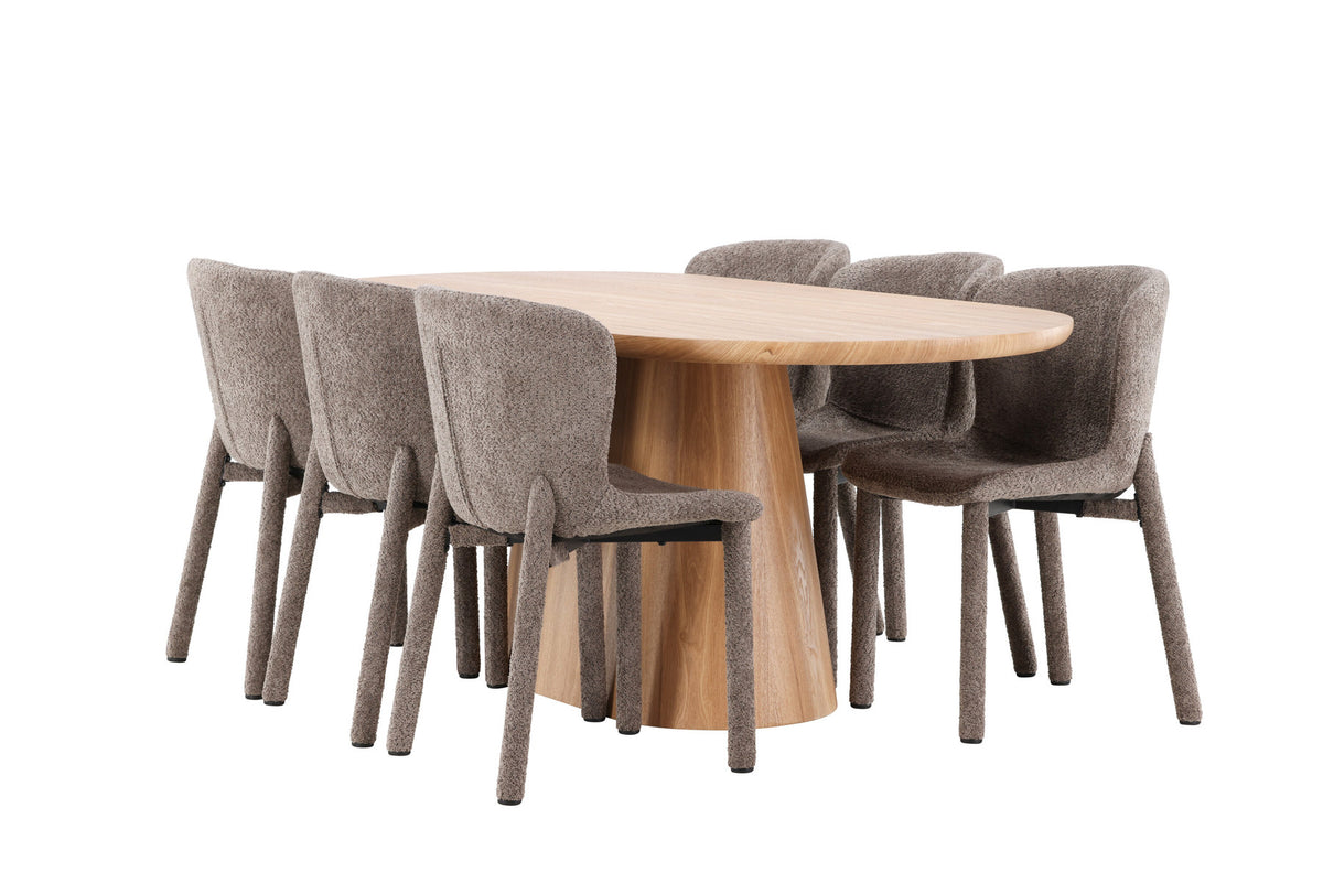 Ovaler Esstisch 200x90 cm aus MDF in Naturfarbe mit zwei gepolsterten Esszimmerstühlen in Braun, Bouclé-Bezug, Esszimmerset von Venture Home