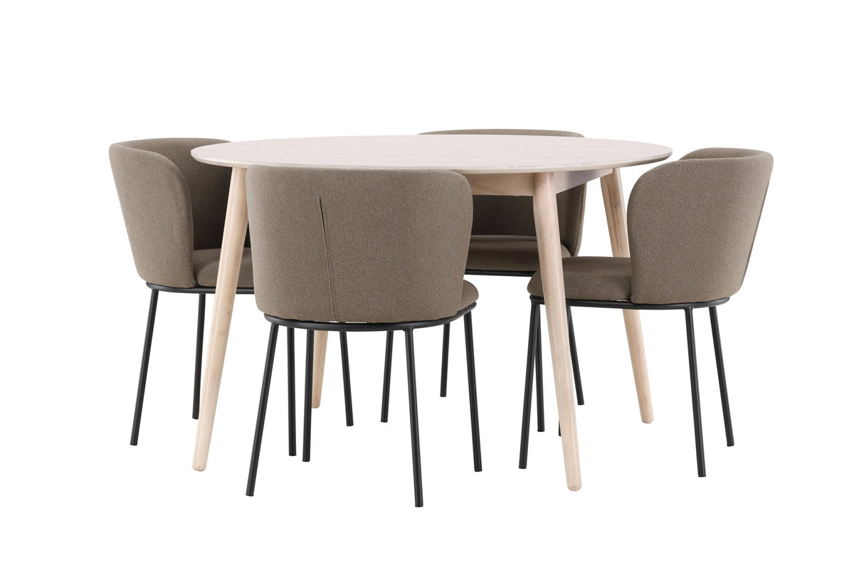 Rundes Esszimmerset Flora mit Edina Stuhl, Tisch aus MDF in White Wash, vier Stühle aus Gummiholz mit braunem Leinenstoffbezug