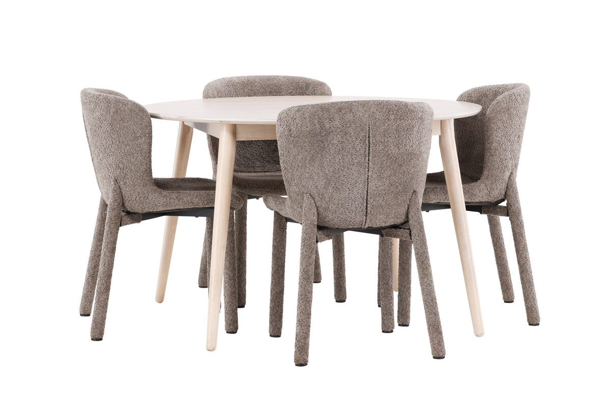 Rundes Esszimmerset Flora & Astoria von Venture Home: Esstisch ⌀120 cm in Whitewash aus MDF und Gummiholz mit zwei braunen gepolsterten Stühlen.