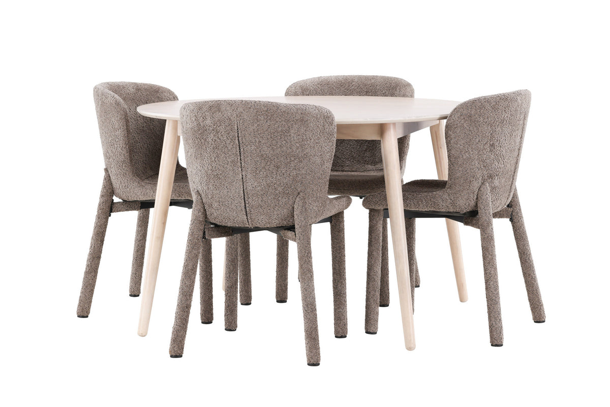 Rundes Esszimmerset Flora & Astoria von Venture Home: Esstisch ⌀120 cm in Whitewash aus MDF und Gummiholz mit zwei braunen gepolsterten Stühlen.