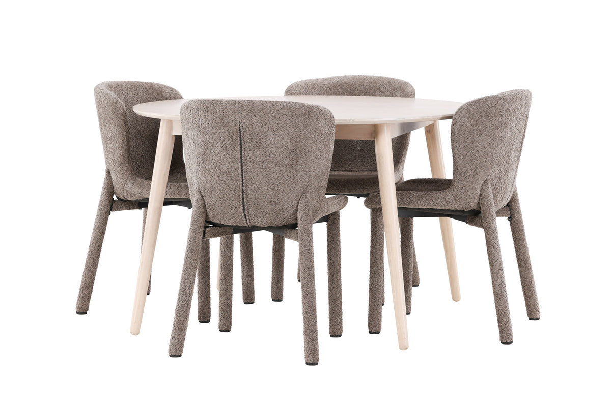 Rundes Esszimmerset Flora & Astoria von Venture Home: Esstisch ⌀120 cm in Whitewash aus MDF und Gummiholz mit zwei braunen gepolsterten Stühlen.