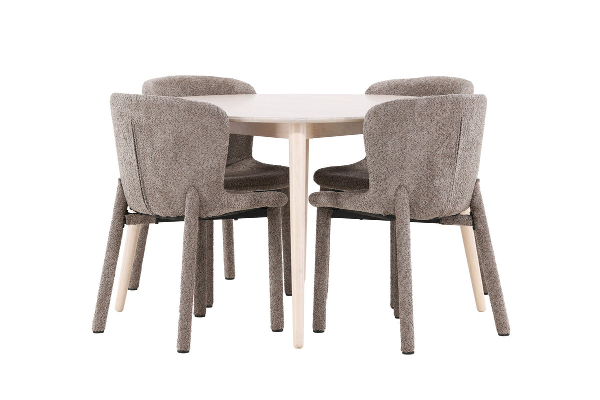 Rundes Esszimmerset Flora & Astoria von Venture Home: Esstisch ⌀120 cm in Whitewash aus MDF und Gummiholz mit zwei braunen gepolsterten Stühlen.