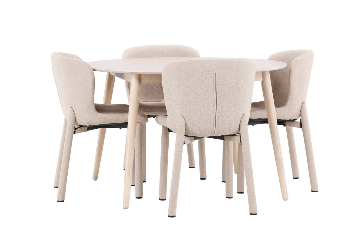Esstisch Flora mit vier Astoria-Stühlen, Farbe White Wash, Tisch aus MDF, Stühle aus Gummiholz, skandinavisches Esszimmerset