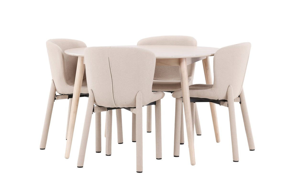 Esstisch Flora mit vier Astoria-Stühlen, Farbe White Wash, Tisch aus MDF, Stühle aus Gummiholz, skandinavisches Esszimmerset