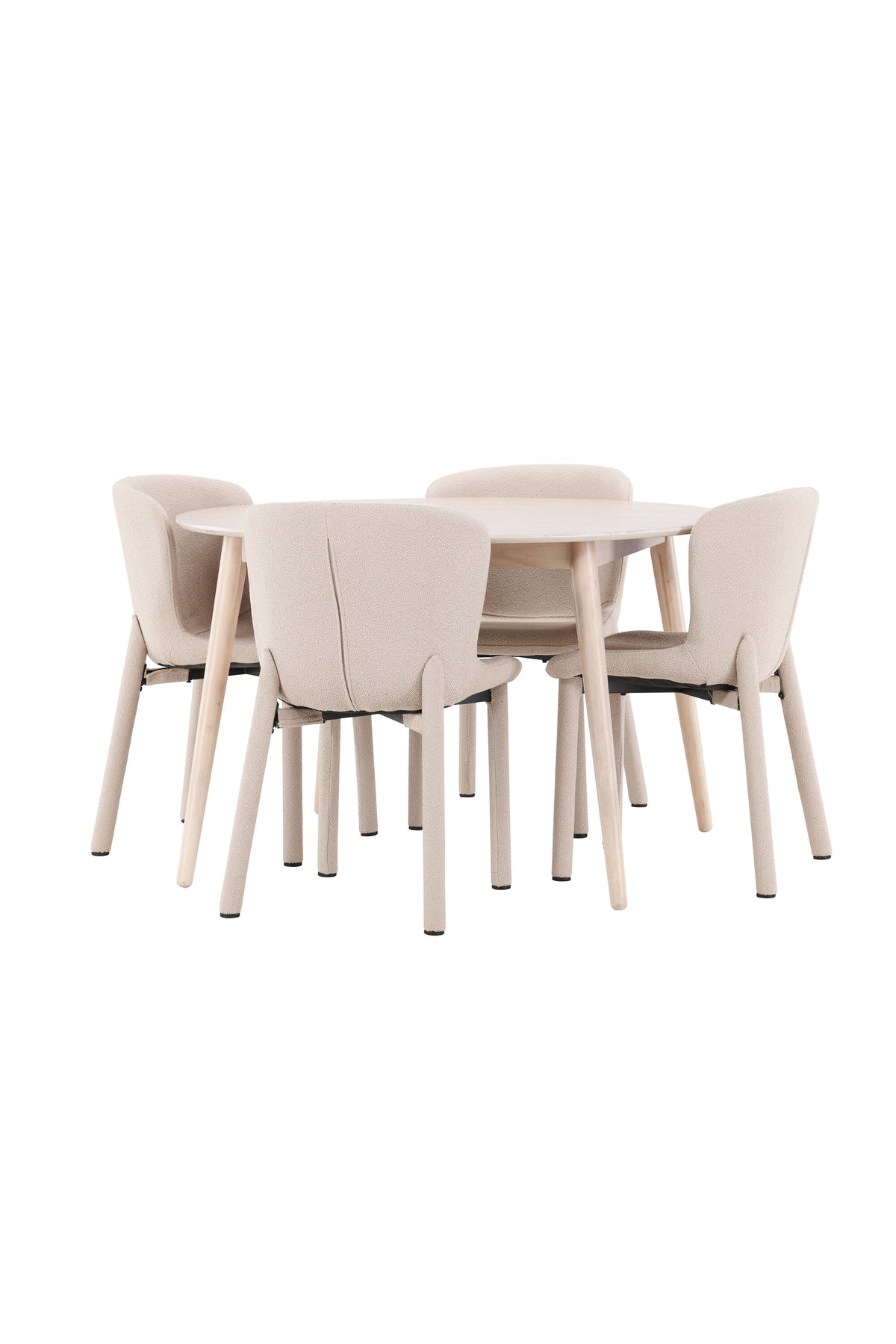 Esstisch Flora mit vier Astoria-Stühlen, Farbe White Wash, Tisch aus MDF, Stühle aus Gummiholz, skandinavisches Esszimmerset