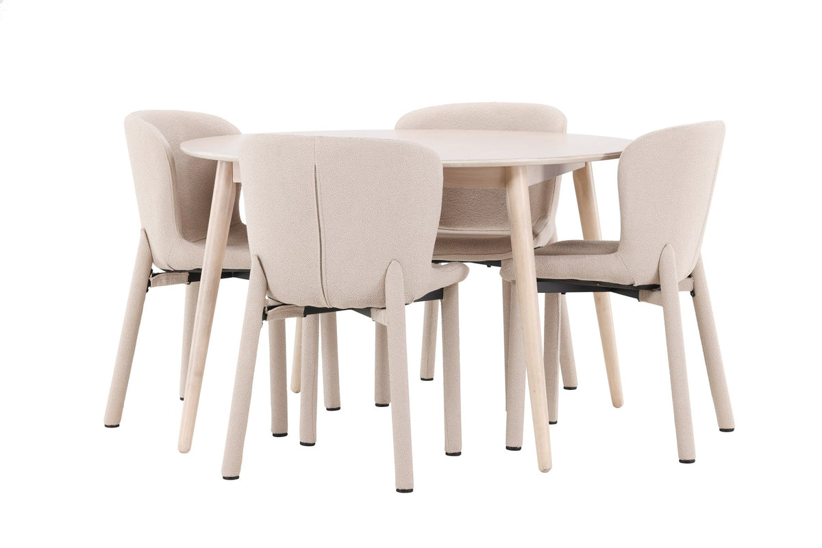 Esstisch Flora mit vier Astoria-Stühlen, Farbe White Wash, Tisch aus MDF, Stühle aus Gummiholz, skandinavisches Esszimmerset
