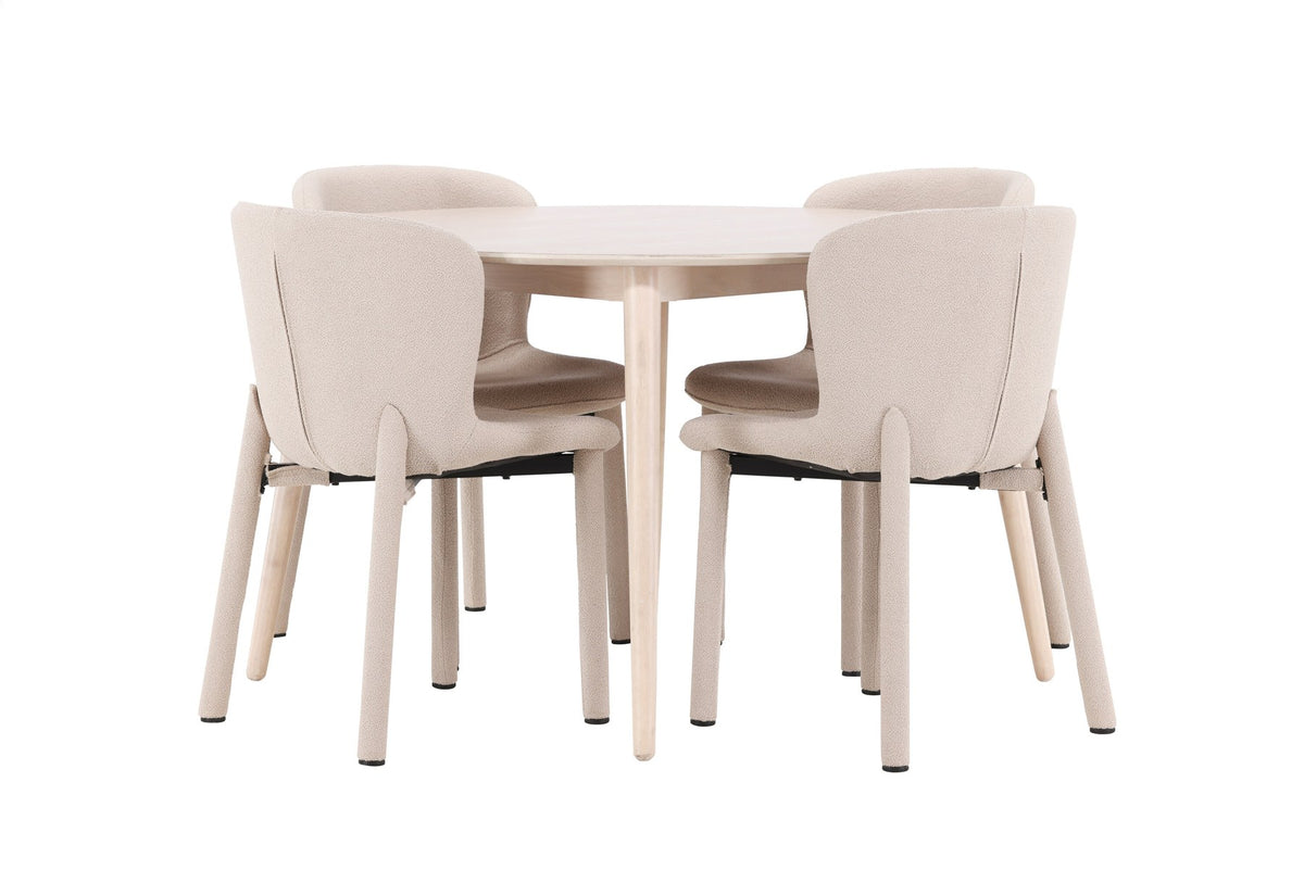 Esstisch Flora mit vier Astoria-Stühlen, Farbe White Wash, Tisch aus MDF, Stühle aus Gummiholz, skandinavisches Esszimmerset