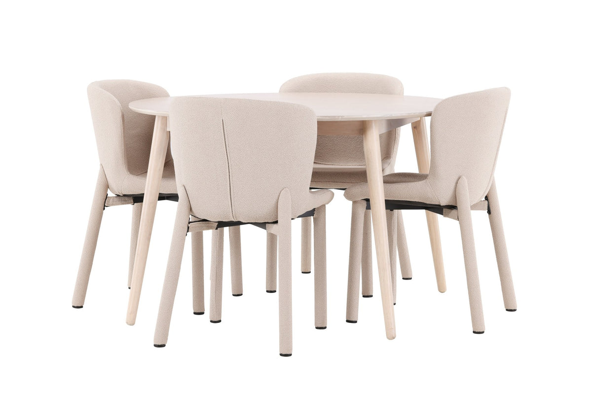 Esstisch Flora mit vier Astoria-Stühlen, Farbe White Wash, Tisch aus MDF, Stühle aus Gummiholz, skandinavisches Esszimmerset