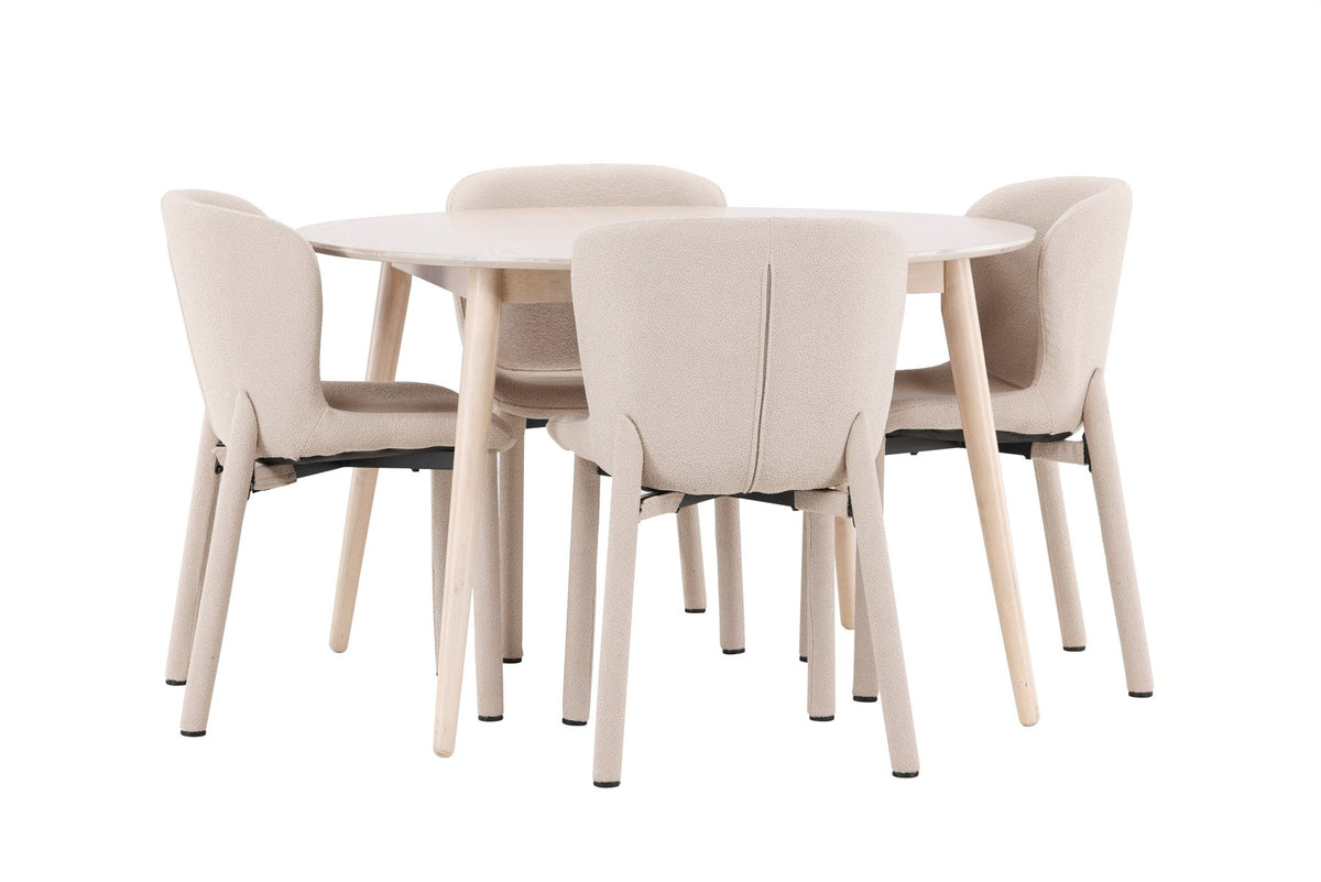 Esstisch Flora mit vier Astoria-Stühlen, Farbe White Wash, Tisch aus MDF, Stühle aus Gummiholz, skandinavisches Esszimmerset