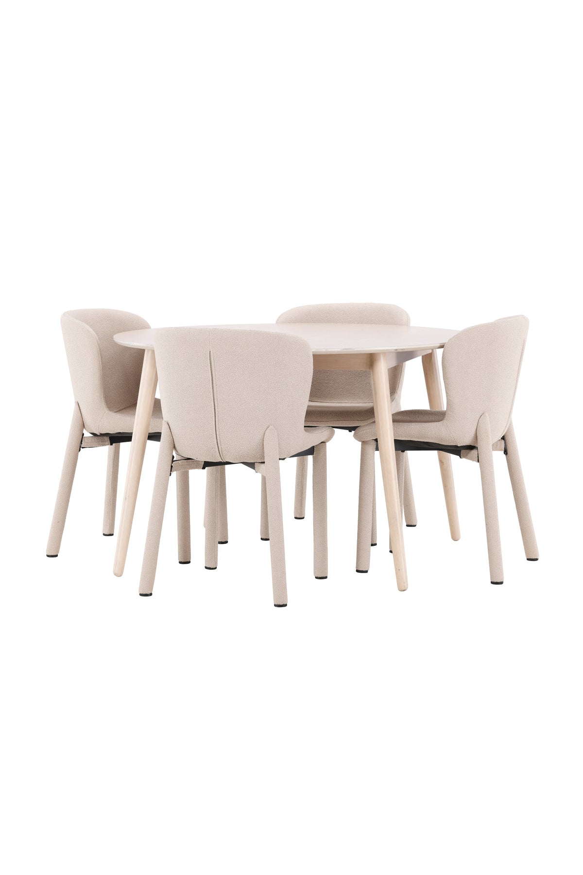 Esstisch Flora mit vier Astoria-Stühlen, Farbe White Wash, Tisch aus MDF, Stühle aus Gummiholz, skandinavisches Esszimmerset