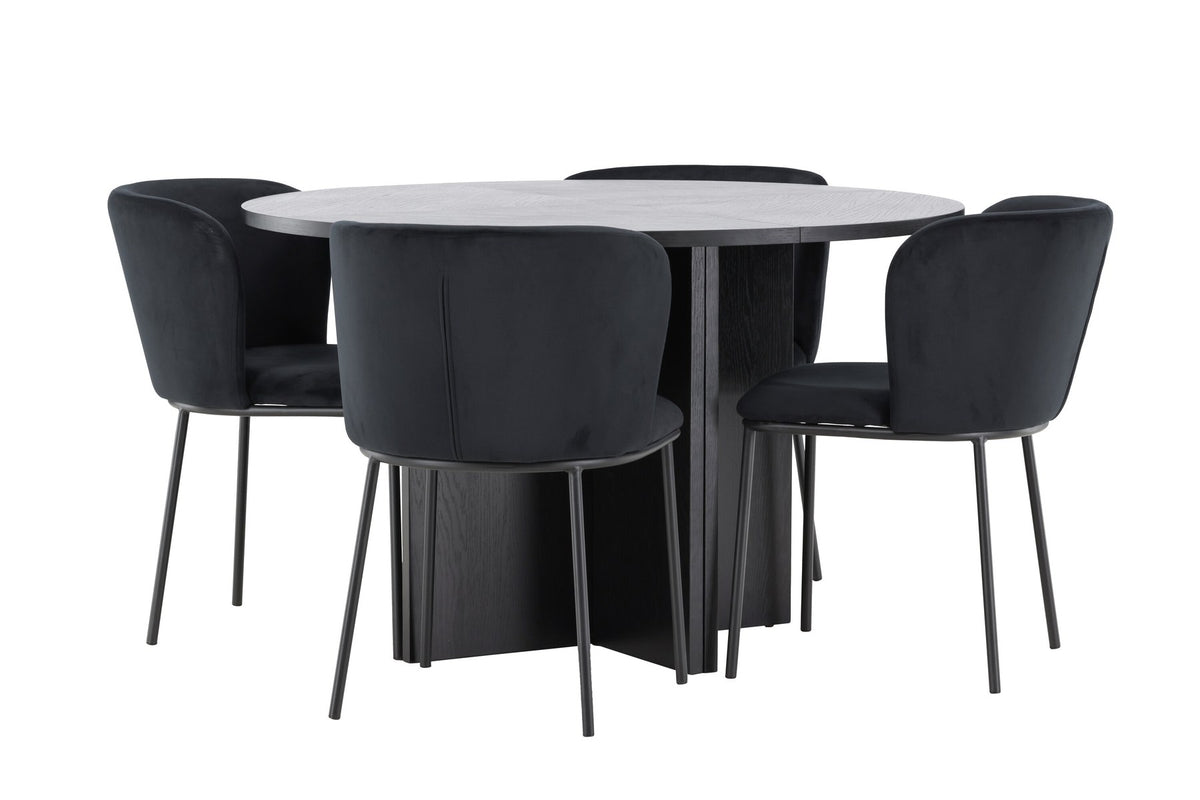Schwarzer Esstisch Strada aus MDF mit sechs Edina Stühlen mit Samtbezug, ausziehbare Tischplatte, skandinavisches Design von Venture Home.