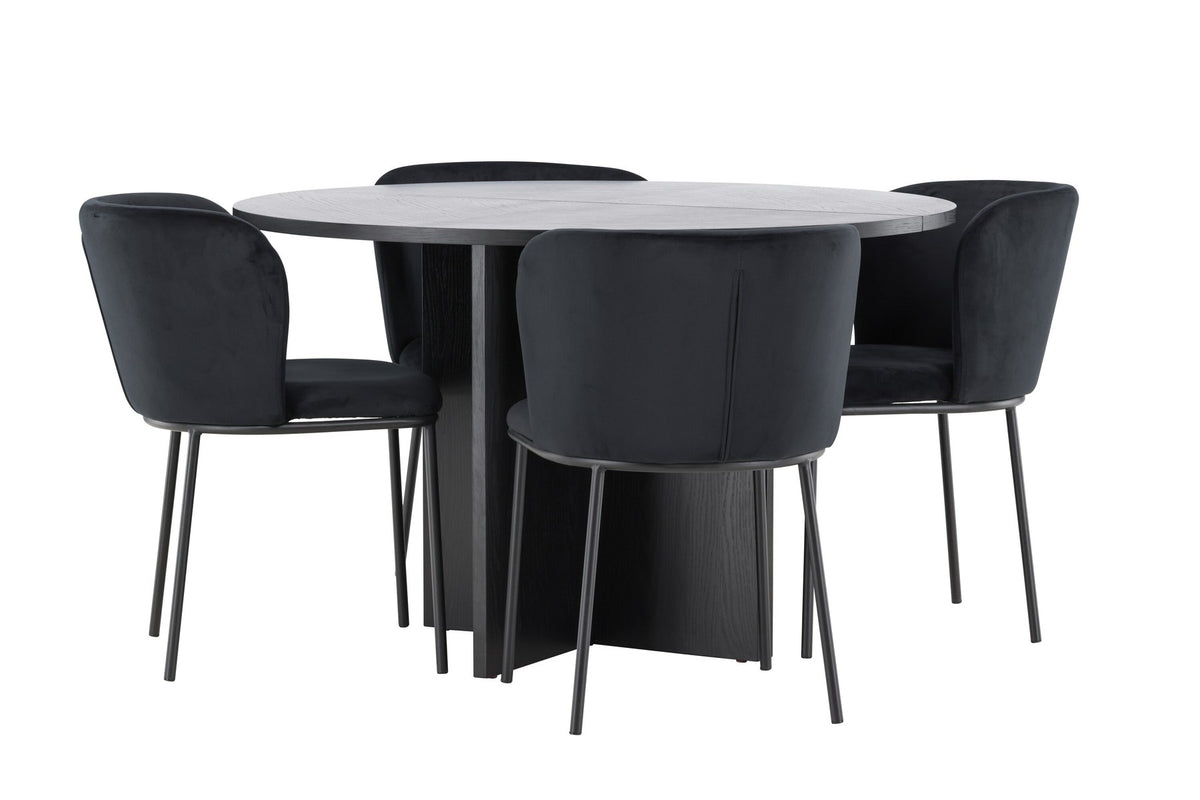 Schwarzer Esstisch Strada aus MDF mit sechs Edina Stühlen mit Samtbezug, ausziehbare Tischplatte, skandinavisches Design von Venture Home.