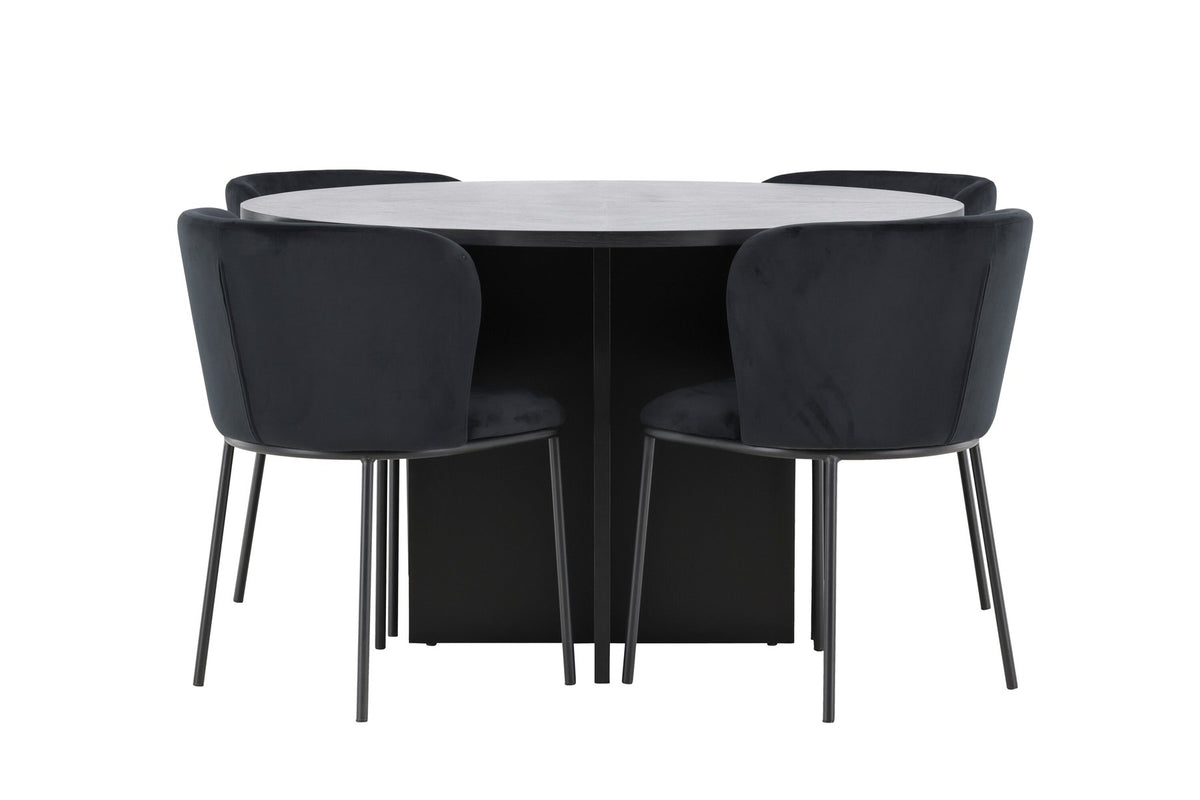 Schwarzer Esstisch Strada aus MDF mit sechs Edina Stühlen mit Samtbezug, ausziehbare Tischplatte, skandinavisches Design von Venture Home.