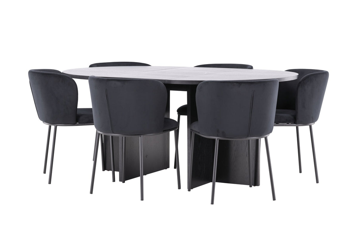 Schwarzer Esstisch Strada aus MDF mit sechs Edina Stühlen mit Samtbezug, ausziehbare Tischplatte, skandinavisches Design von Venture Home.