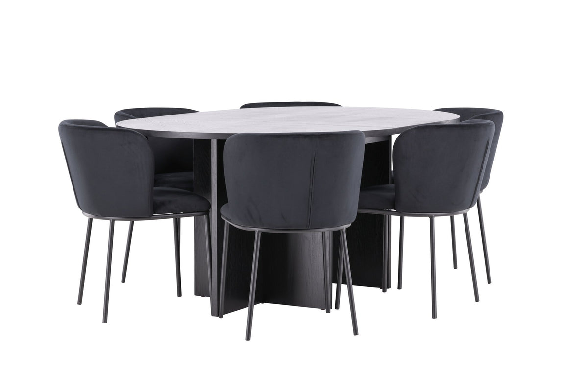 Schwarzer Esstisch Strada aus MDF mit sechs Edina Stühlen mit Samtbezug, ausziehbare Tischplatte, skandinavisches Design von Venture Home.