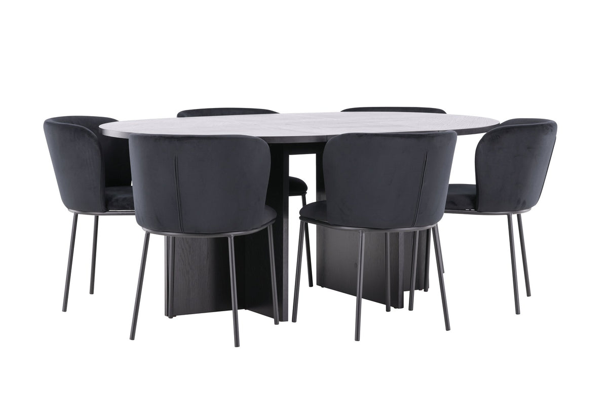 Schwarzer Esstisch Strada aus MDF mit sechs Edina Stühlen mit Samtbezug, ausziehbare Tischplatte, skandinavisches Design von Venture Home.