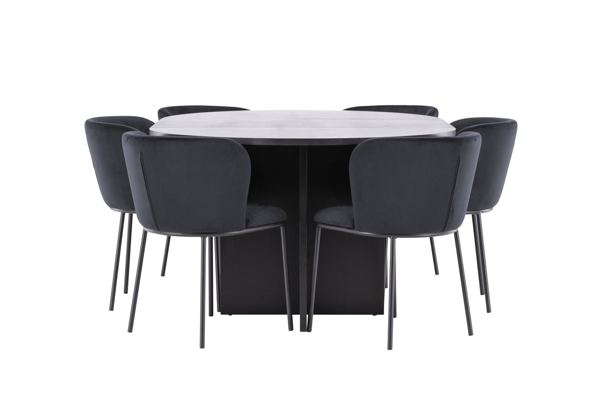 Schwarzer Esstisch Strada aus MDF mit sechs Edina Stühlen mit Samtbezug, ausziehbare Tischplatte, skandinavisches Design von Venture Home.