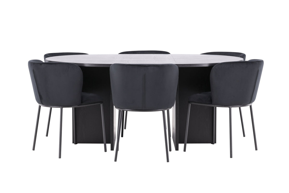 Schwarzer Esstisch Strada aus MDF mit sechs Edina Stühlen mit Samtbezug, ausziehbare Tischplatte, skandinavisches Design von Venture Home.