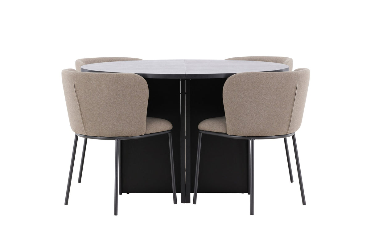 Schwarzer Esstisch Strada aus MDF mit sechs Edina Stühlen mit Samtbezug, ausziehbare Tischplatte, skandinavisches Design von Venture Home.