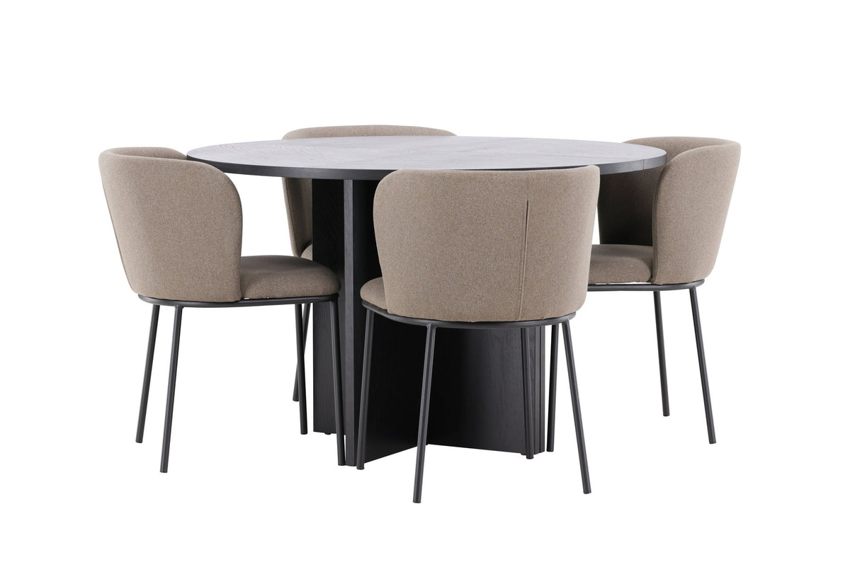 Schwarzer Esstisch Strada aus MDF mit sechs Edina Stühlen mit Samtbezug, ausziehbare Tischplatte, skandinavisches Design von Venture Home.