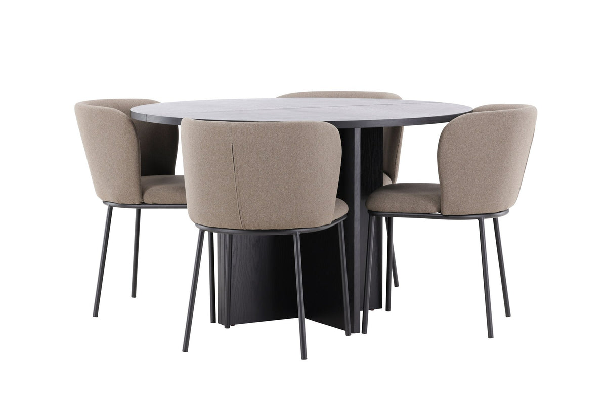 Schwarzer Esstisch Strada aus MDF mit sechs Edina Stühlen mit Samtbezug, ausziehbare Tischplatte, skandinavisches Design von Venture Home.
