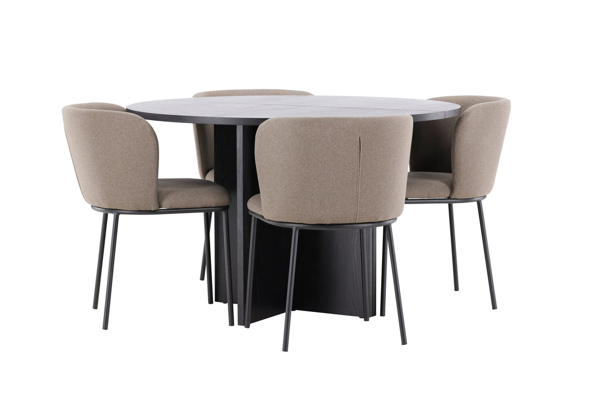 Schwarzer Esstisch Strada aus MDF mit sechs Edina Stühlen mit Samtbezug, ausziehbare Tischplatte, skandinavisches Design von Venture Home.