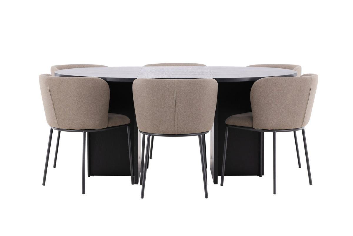 Schwarzer Esstisch Strada aus MDF mit sechs Edina Stühlen mit Samtbezug, ausziehbare Tischplatte, skandinavisches Design von Venture Home.