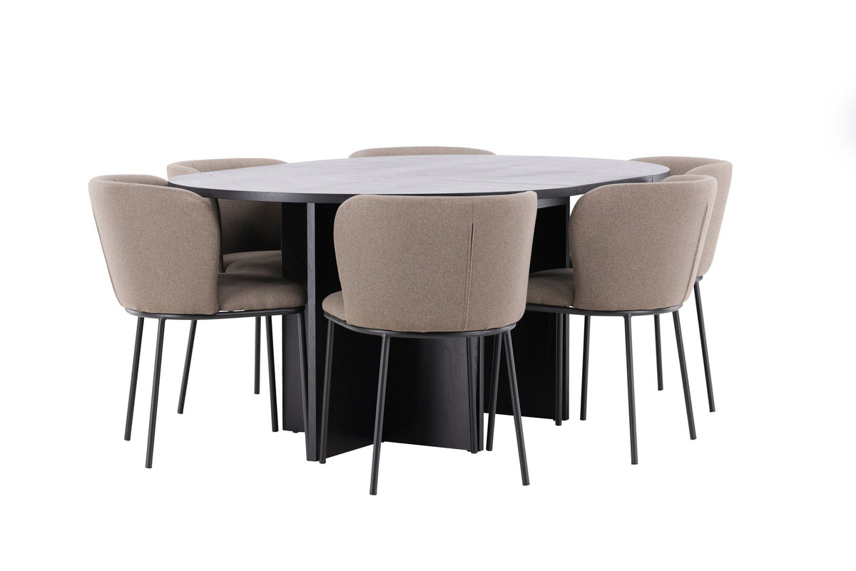 Schwarzer Esstisch Strada aus MDF mit sechs Edina Stühlen mit Samtbezug, ausziehbare Tischplatte, skandinavisches Design von Venture Home.