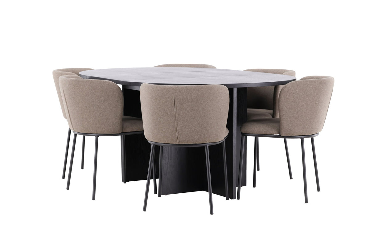 Schwarzer Esstisch Strada aus MDF mit sechs Edina Stühlen mit Samtbezug, ausziehbare Tischplatte, skandinavisches Design von Venture Home.