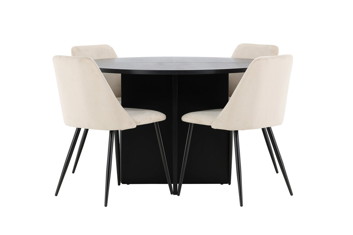 Runder Esstisch Strada aus MDF mit sechs Night-Stühlen mit Samtpolsterung und schwarzen Beinen, Esszimmerset von Venture Home