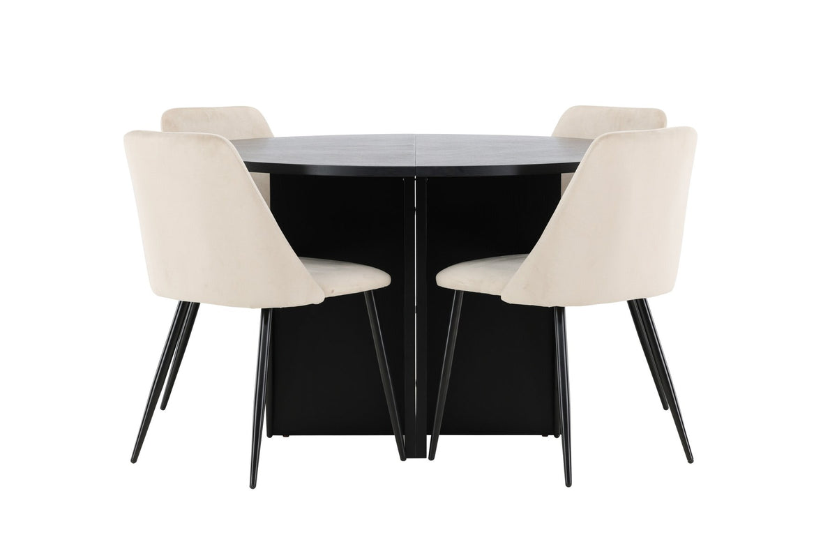 Runder Esstisch Strada aus MDF mit sechs Night-Stühlen mit Samtpolsterung und schwarzen Beinen, Esszimmerset von Venture Home