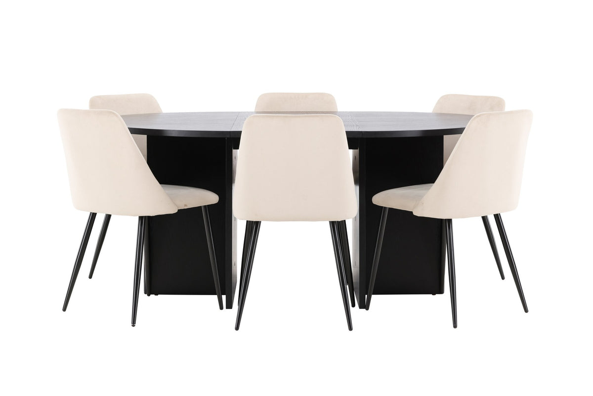 Runder Esstisch Strada aus MDF mit sechs Night-Stühlen mit Samtpolsterung und schwarzen Beinen, Esszimmerset von Venture Home