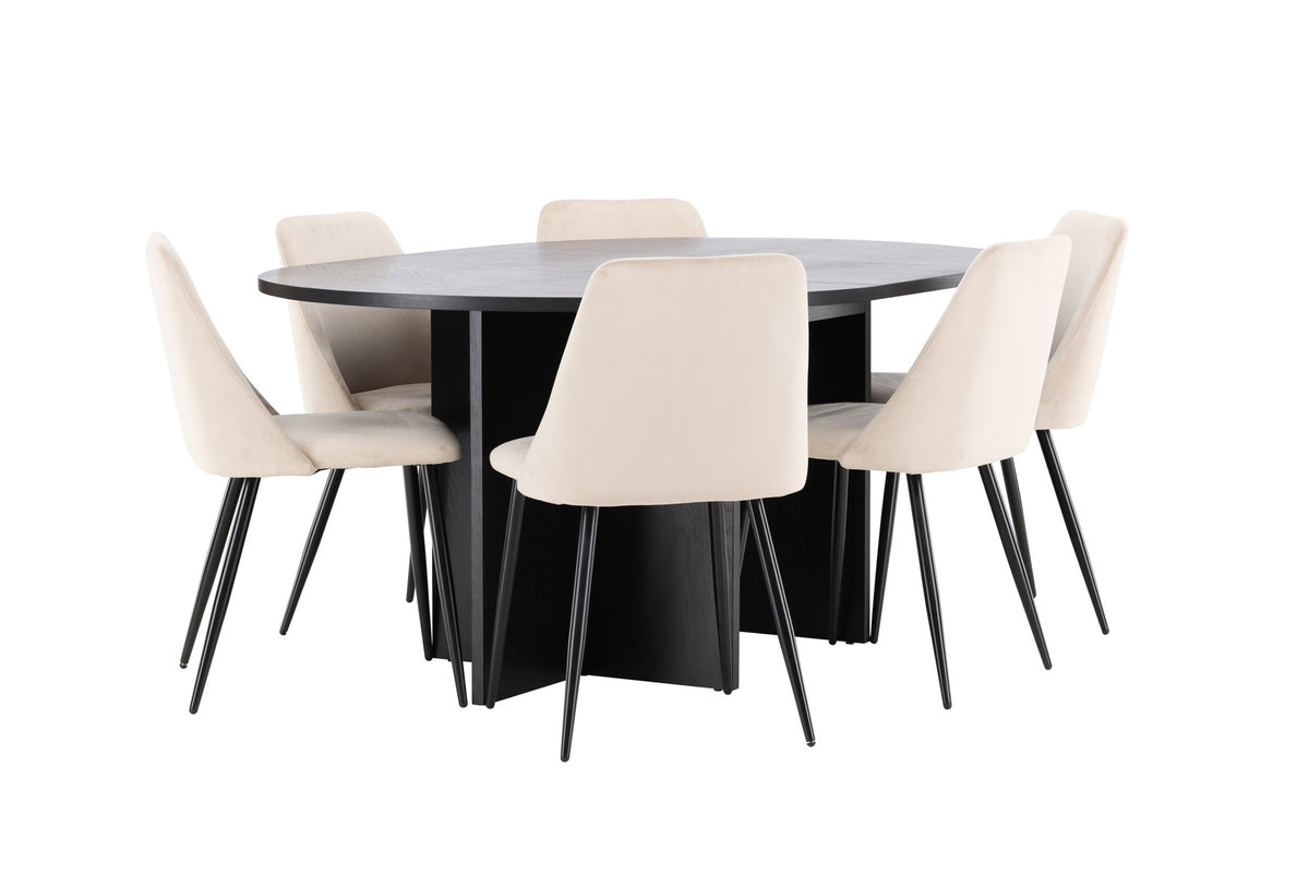 Runder Esstisch Strada aus MDF mit sechs Night-Stühlen mit Samtpolsterung und schwarzen Beinen, Esszimmerset von Venture Home