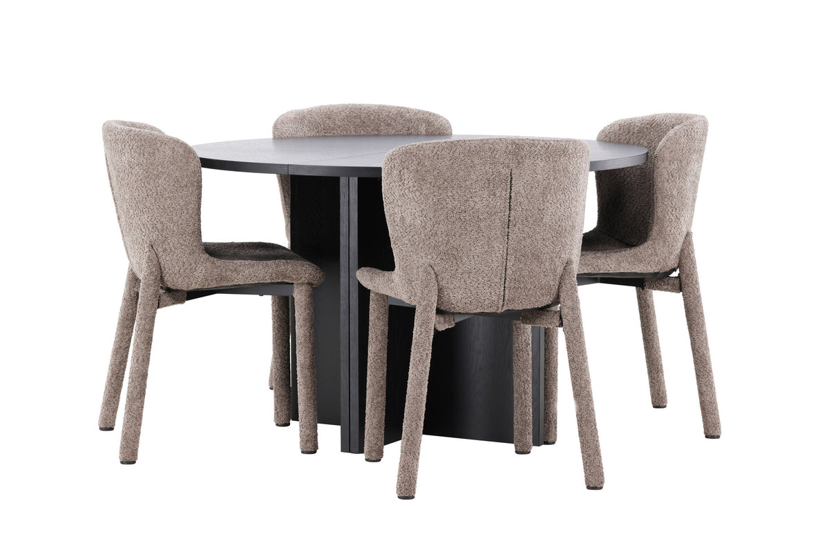 Esszimmerset von Venture Home: rechteckiger Esstisch mit schwarzer MDF-Platte und Stahlbeinen sowie zwei Stühle mit braunem Bouclé-Bezug.