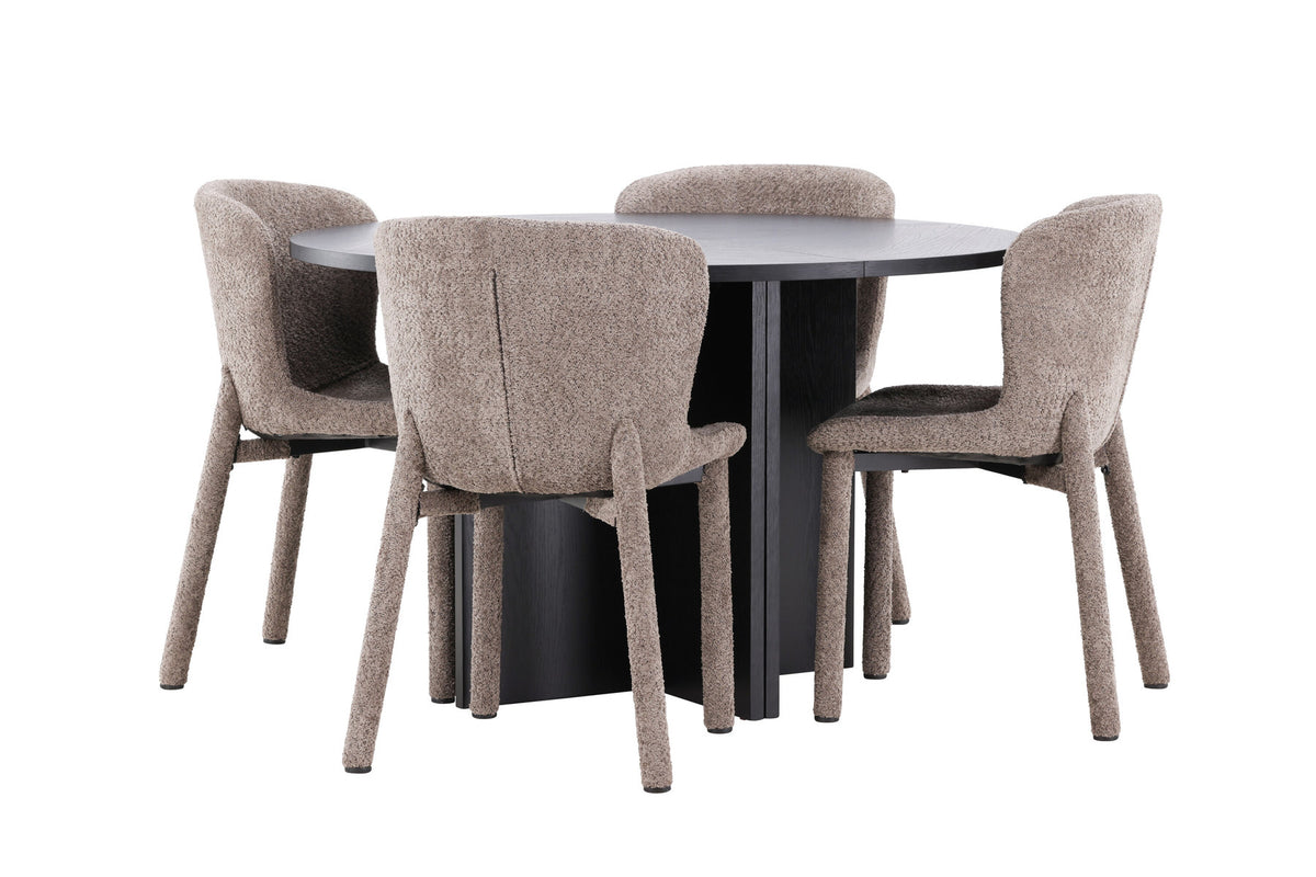 Esszimmerset von Venture Home: rechteckiger Esstisch mit schwarzer MDF-Platte und Stahlbeinen sowie zwei Stühle mit braunem Bouclé-Bezug.
