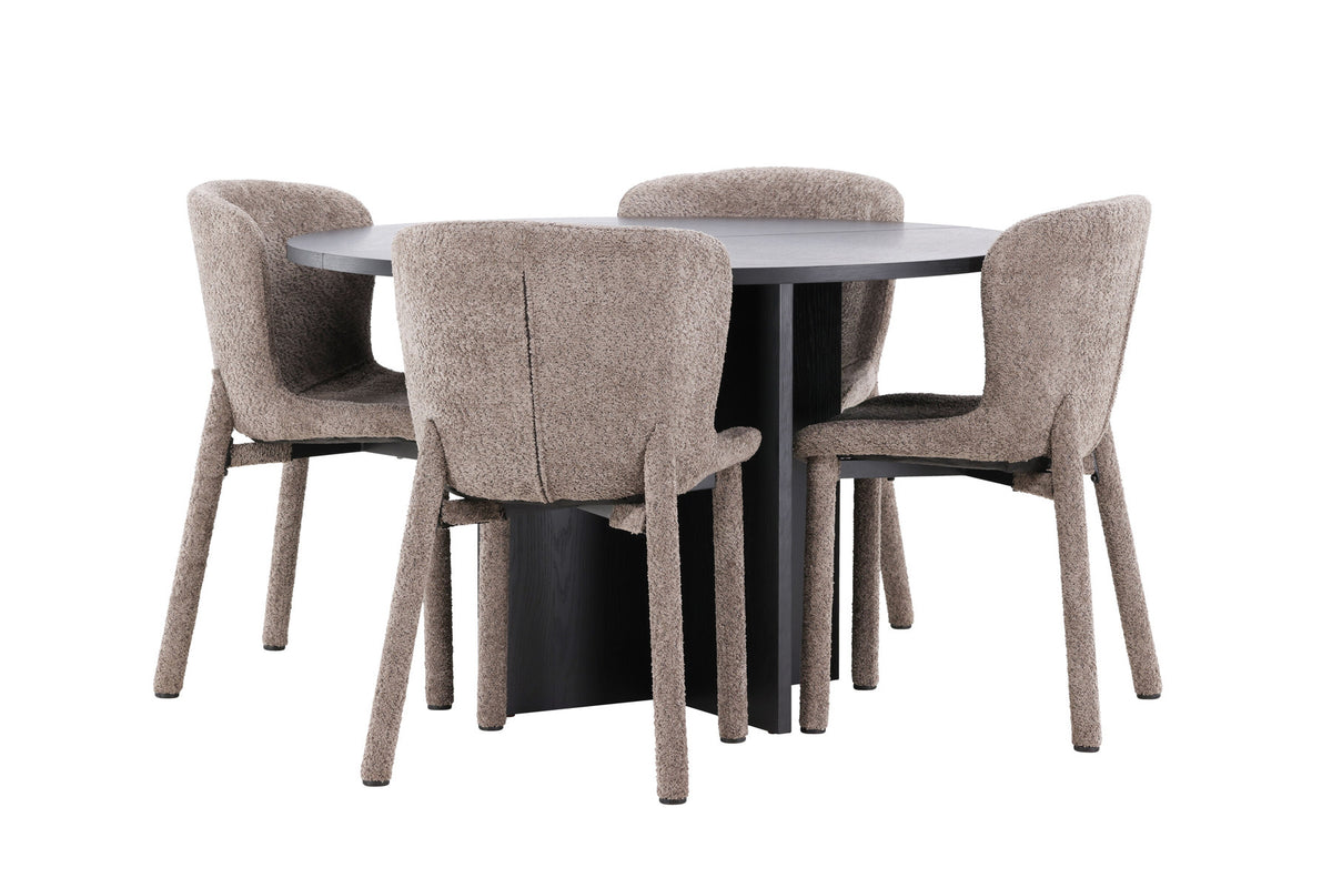 Esszimmerset von Venture Home: rechteckiger Esstisch mit schwarzer MDF-Platte und Stahlbeinen sowie zwei Stühle mit braunem Bouclé-Bezug.