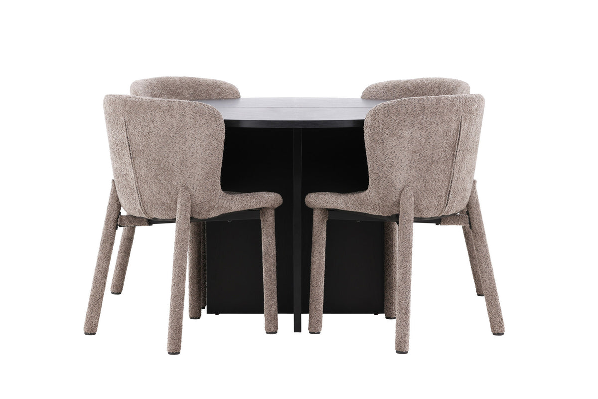 Esszimmerset von Venture Home: rechteckiger Esstisch mit schwarzer MDF-Platte und Stahlbeinen sowie zwei Stühle mit braunem Bouclé-Bezug.