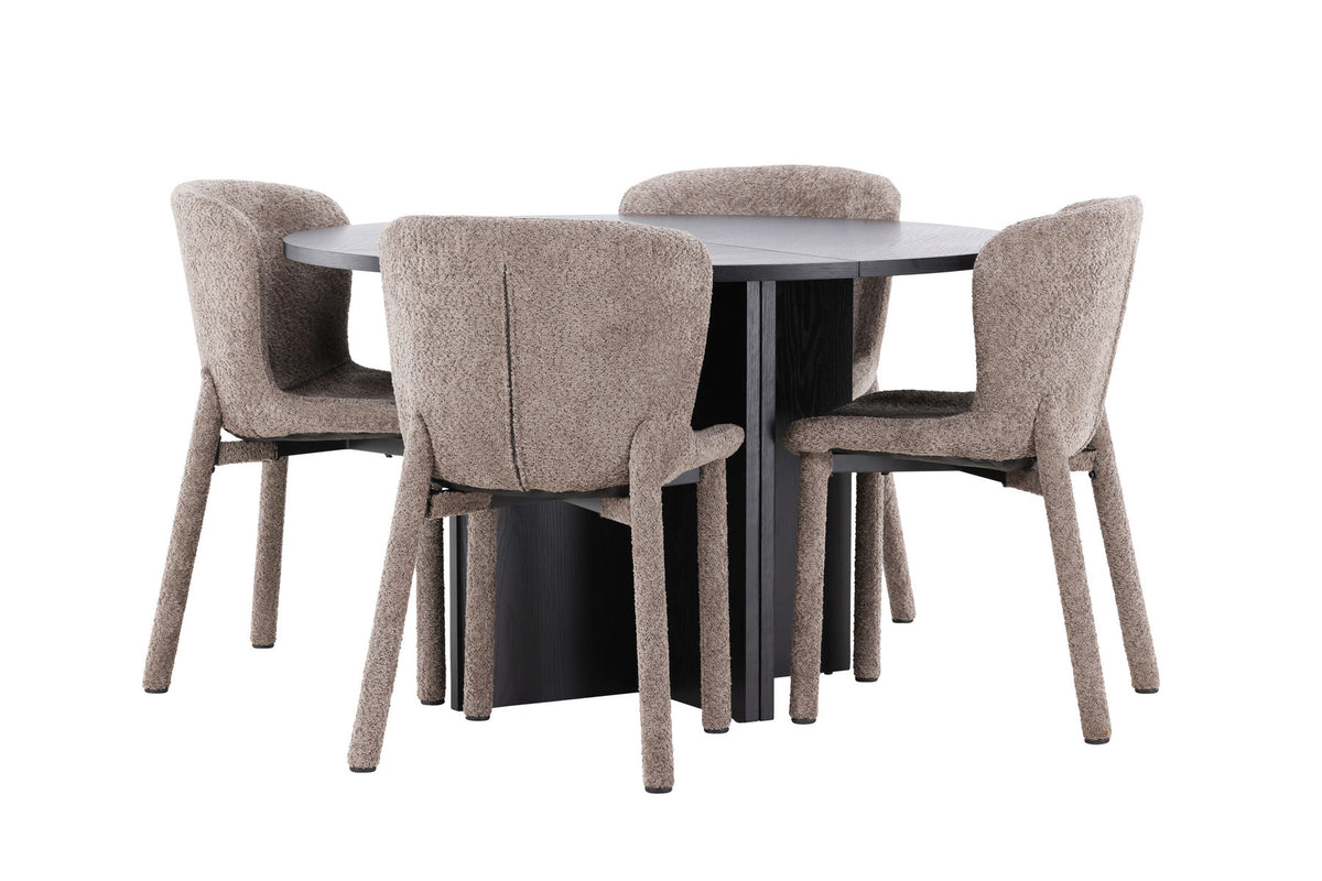 Esszimmerset von Venture Home: rechteckiger Esstisch mit schwarzer MDF-Platte und Stahlbeinen sowie zwei Stühle mit braunem Bouclé-Bezug.