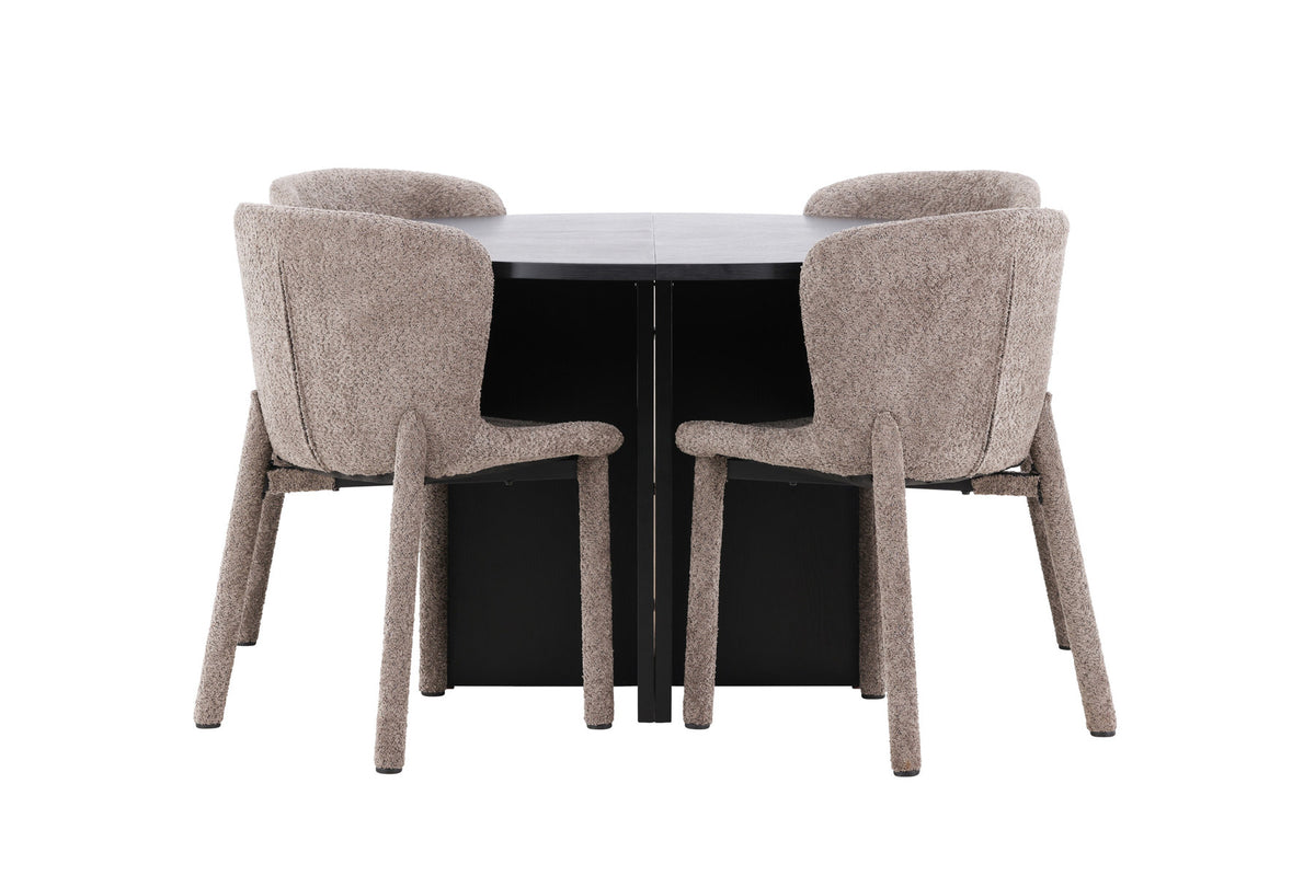 Esszimmerset von Venture Home: rechteckiger Esstisch mit schwarzer MDF-Platte und Stahlbeinen sowie zwei Stühle mit braunem Bouclé-Bezug.