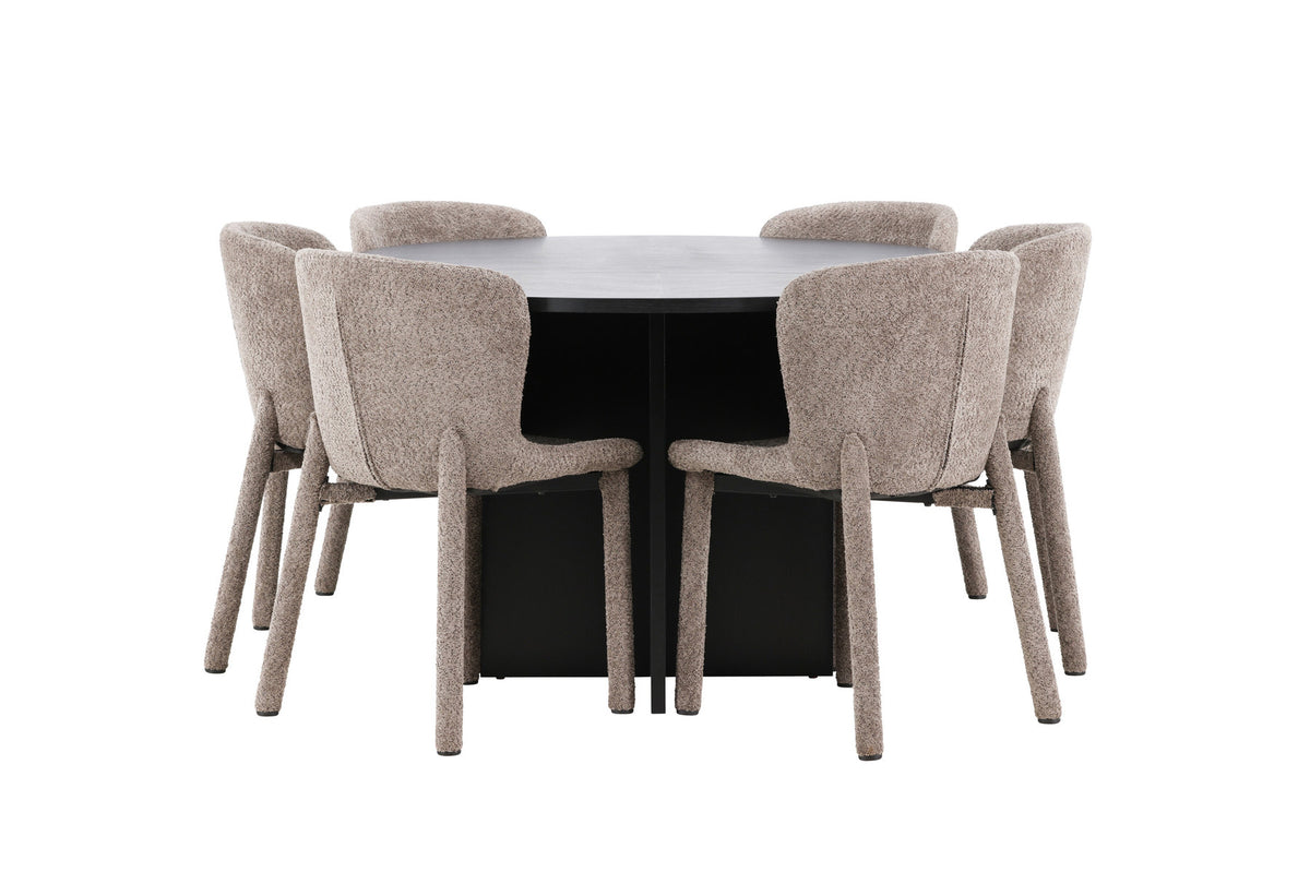Esszimmerset von Venture Home: rechteckiger Esstisch mit schwarzer MDF-Platte und Stahlbeinen sowie zwei Stühle mit braunem Bouclé-Bezug.