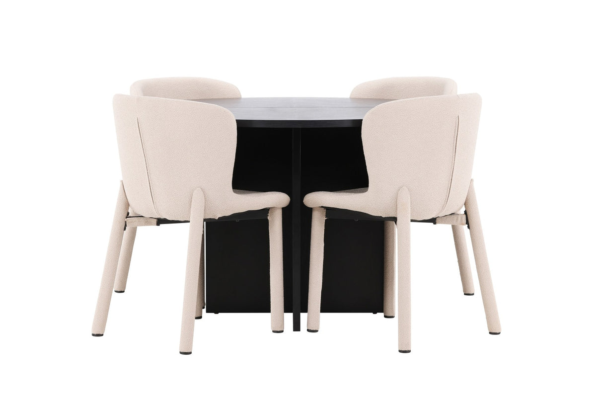 Rundes Esstischset Strada mit sechs Astoria-Stühlen aus MDF und Bouclé-Bezug, Ausführung Schwarz oder White Wash, sechs Sitzplätze