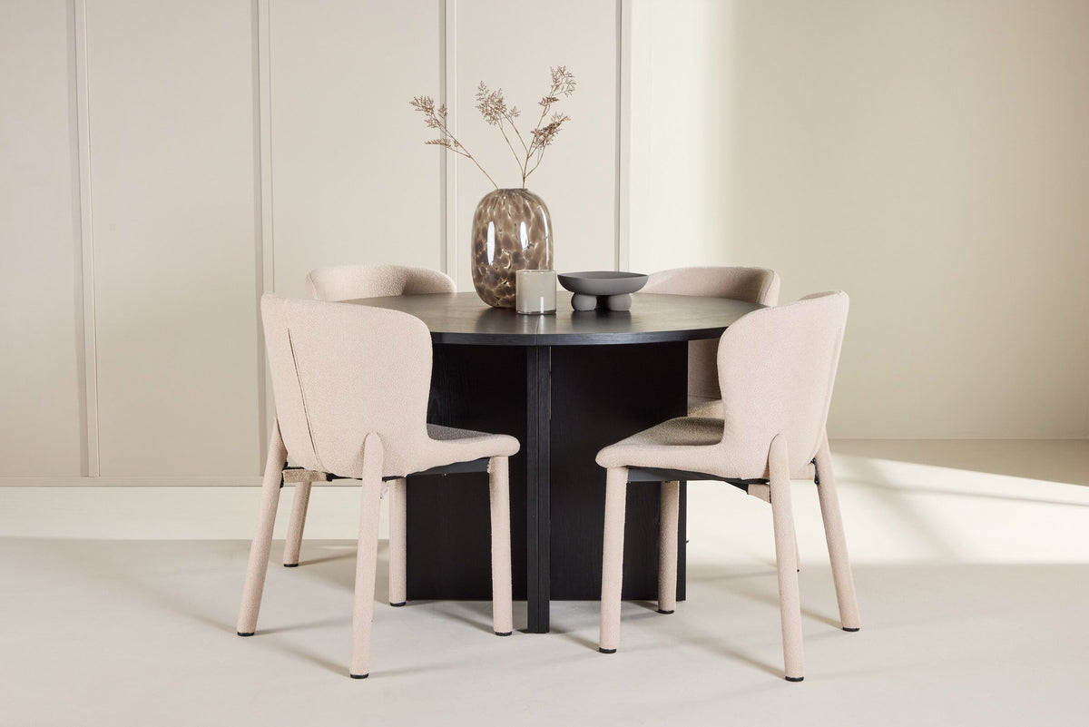 Rundes Esstischset Strada mit sechs Astoria-Stühlen aus MDF und Bouclé-Bezug, Ausführung Schwarz oder White Wash, sechs Sitzplätze