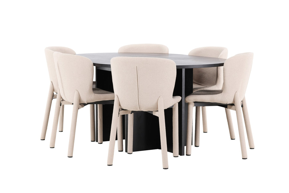 Rundes Esstischset Strada mit sechs Astoria-Stühlen aus MDF und Bouclé-Bezug, Ausführung Schwarz oder White Wash, sechs Sitzplätze