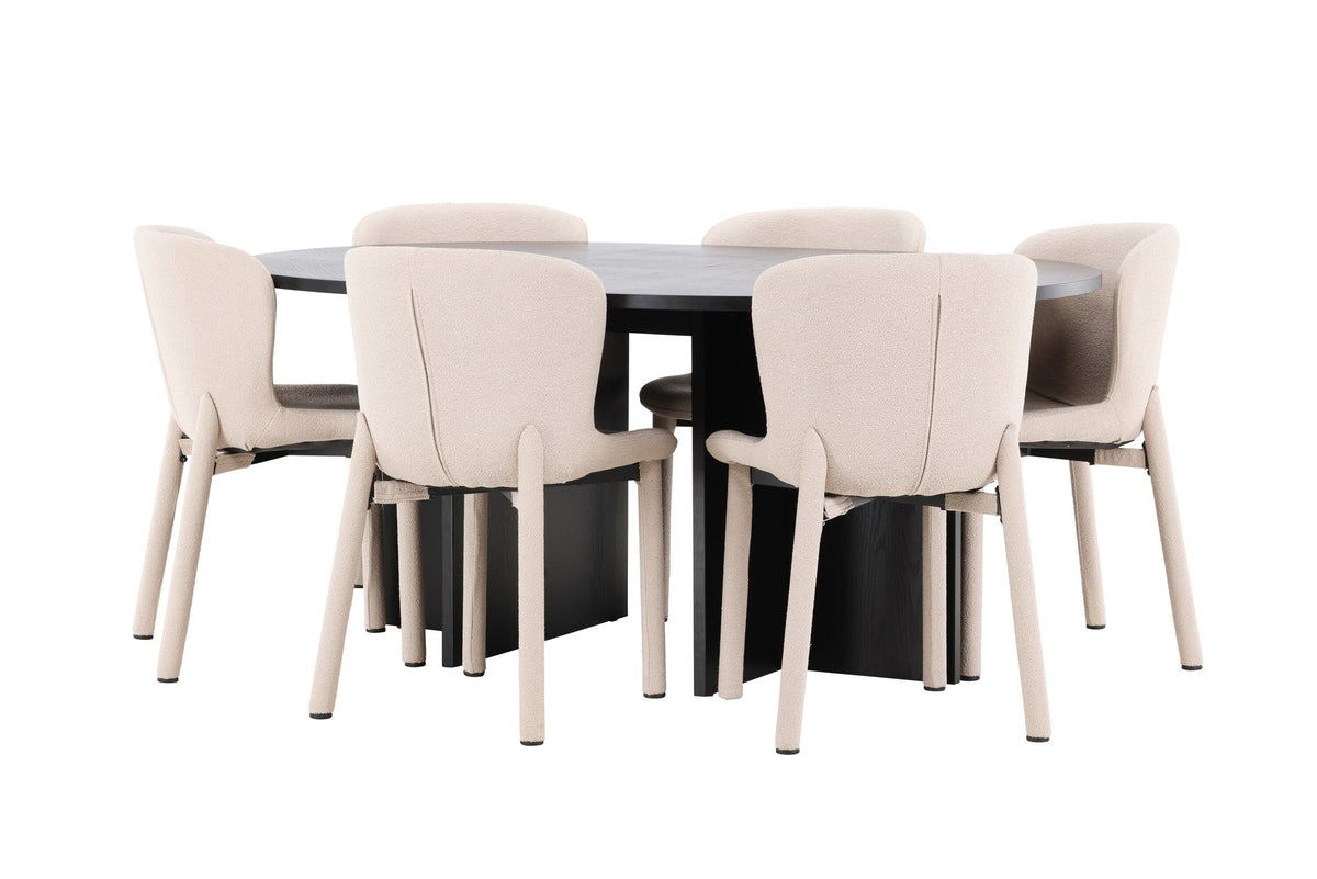 Rundes Esstischset Strada mit sechs Astoria-Stühlen aus MDF und Bouclé-Bezug, Ausführung Schwarz oder White Wash, sechs Sitzplätze