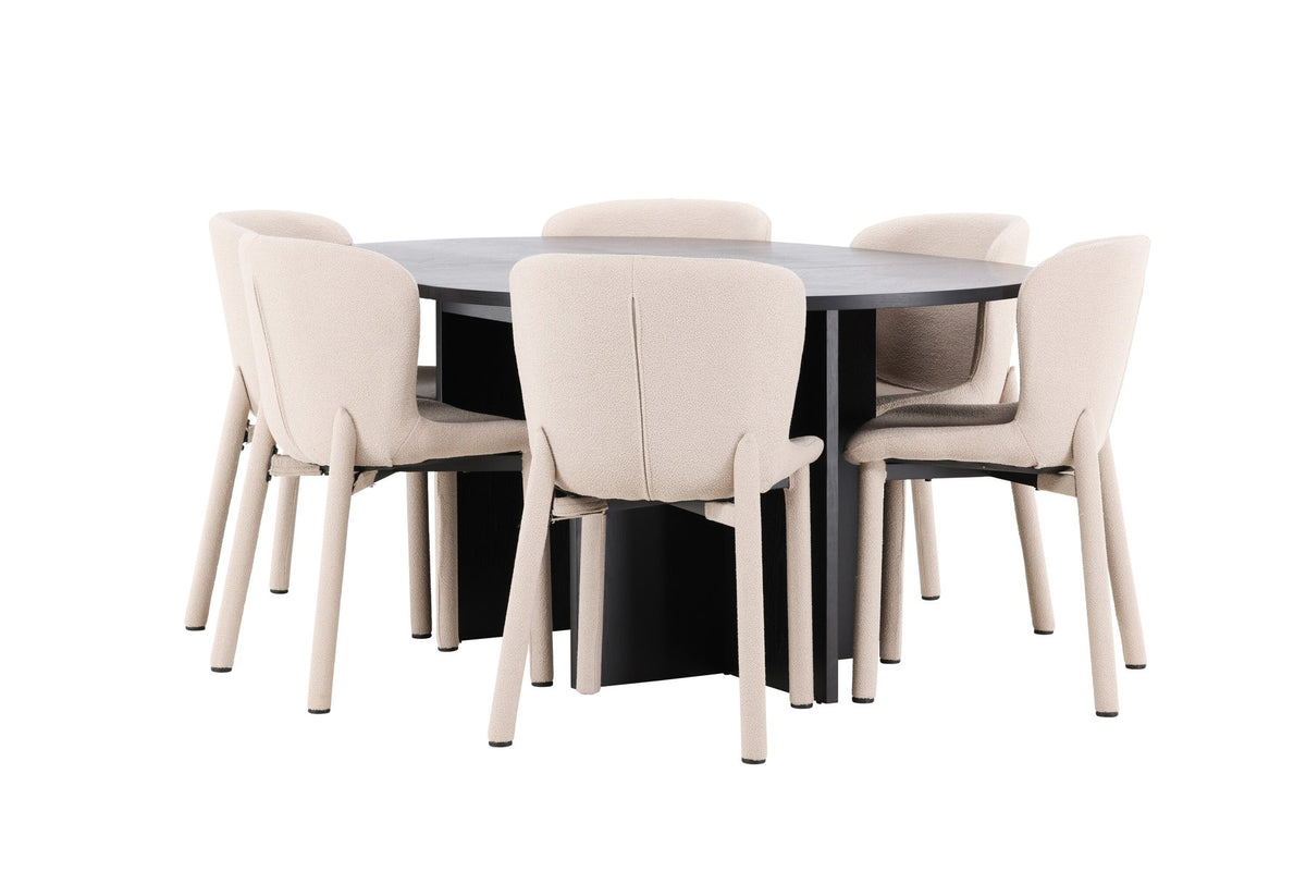 Rundes Esstischset Strada mit sechs Astoria-Stühlen aus MDF und Bouclé-Bezug, Ausführung Schwarz oder White Wash, sechs Sitzplätze