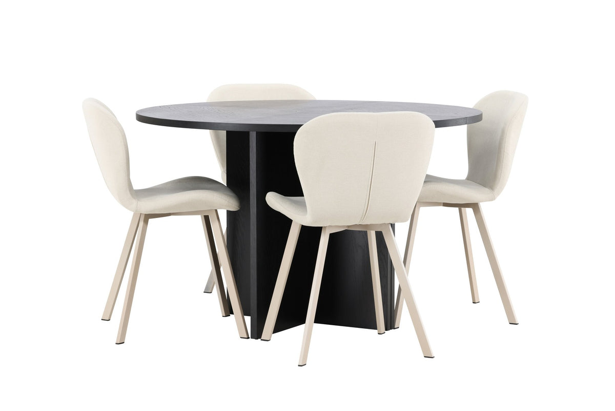 Runder Esstisch Strada aus MDF in White Wash mit sechs Lilja Stühlen, Esszimmerset von Venture Home in schlichtem Design