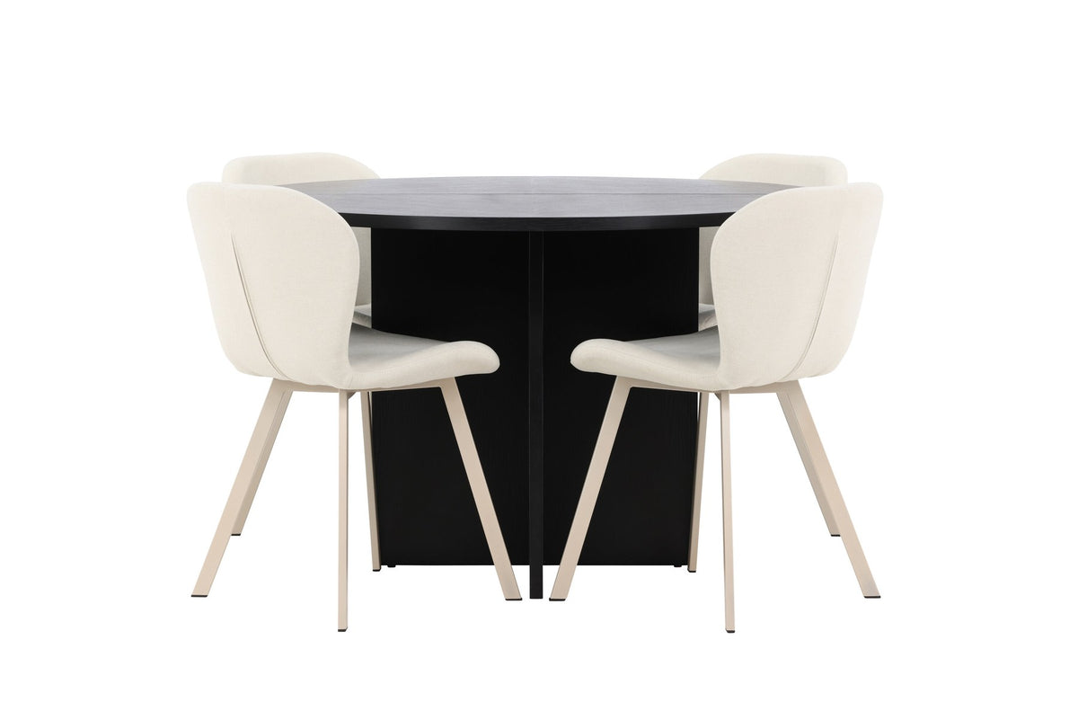Runder Esstisch Strada aus MDF in White Wash mit sechs Lilja Stühlen, Esszimmerset von Venture Home in schlichtem Design