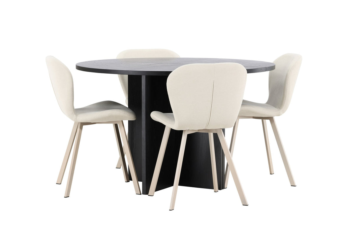 Runder Esstisch Strada aus MDF in White Wash mit sechs Lilja Stühlen, Esszimmerset von Venture Home in schlichtem Design