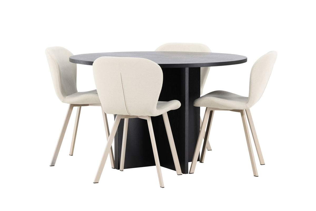 Runder Esstisch Strada aus MDF in White Wash mit sechs Lilja Stühlen, Esszimmerset von Venture Home in schlichtem Design
